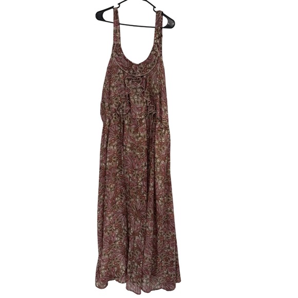 Denim 24 Dresses & Skirts - Denim 24/7 Maxi Dress 28W Pink Brown Paisley Peacock Ruffle V-Neck Sleeveless